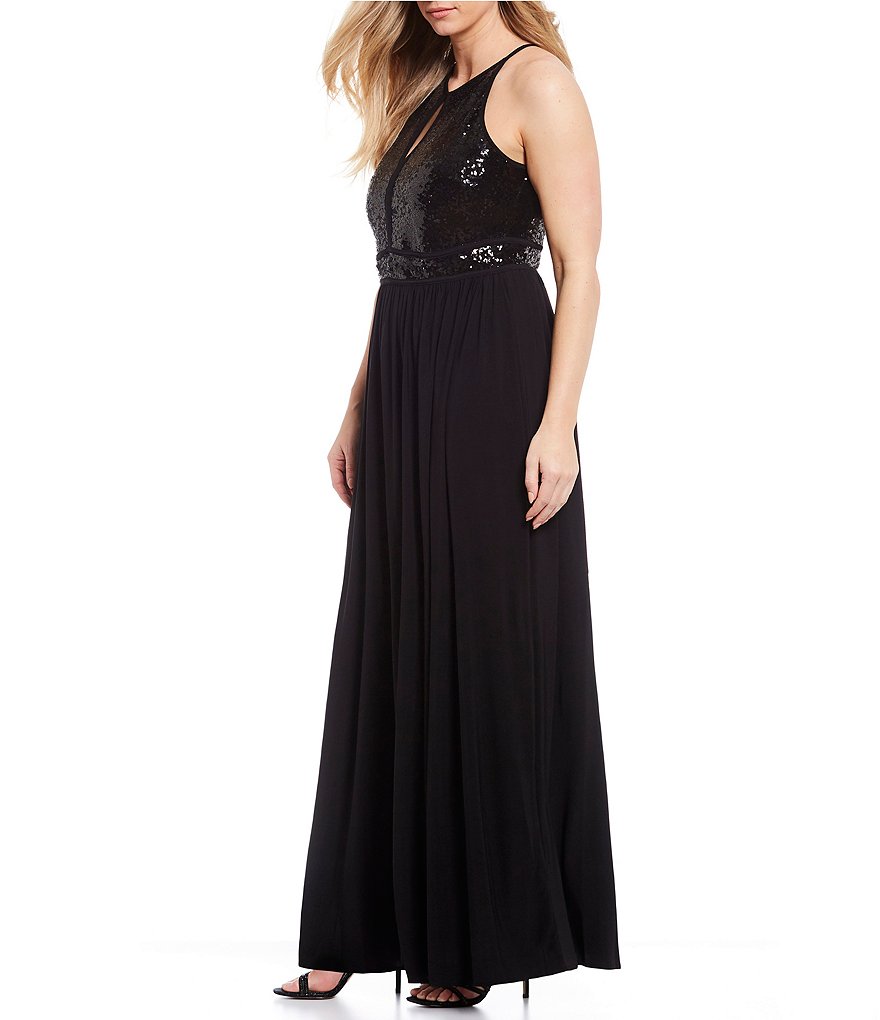 Morgan & Co. Plus Keyhole Sequin Bodice ITY Long Dress