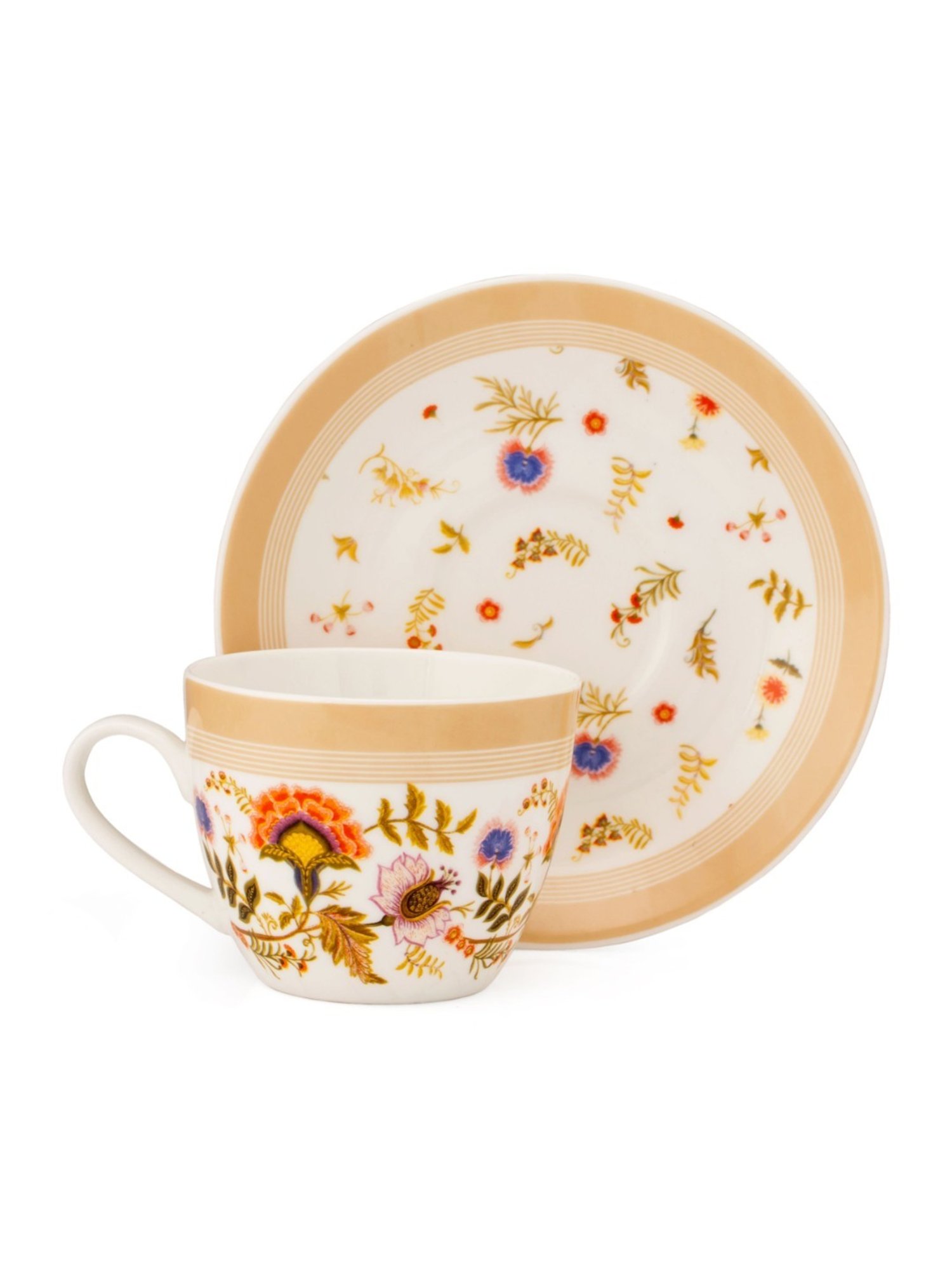 JCPL Fine Printed Beige Ceramic Cup & Saucer 180 ml - Set of 12