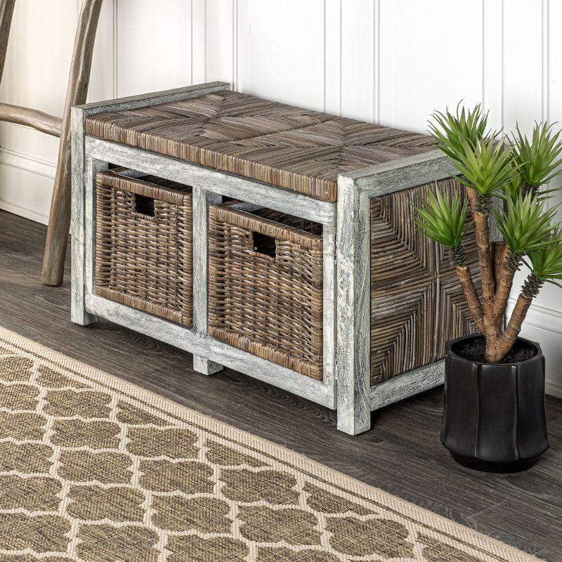 happimess Rustic 30" 2 Drawer Wicker Storage Bench, Gray 