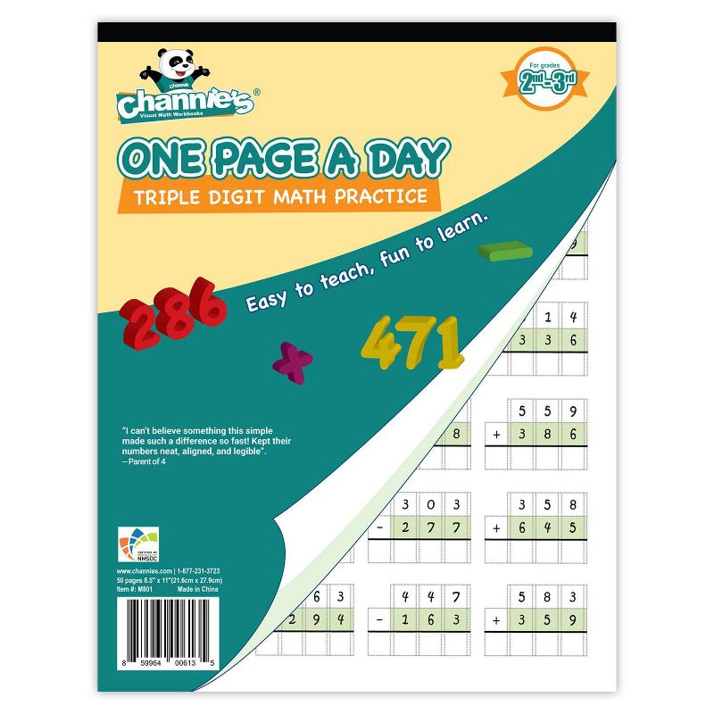 Channie's 3pk One Page a Day Single, Double, Triple Digit Math Worksheets - 2-4th Grades