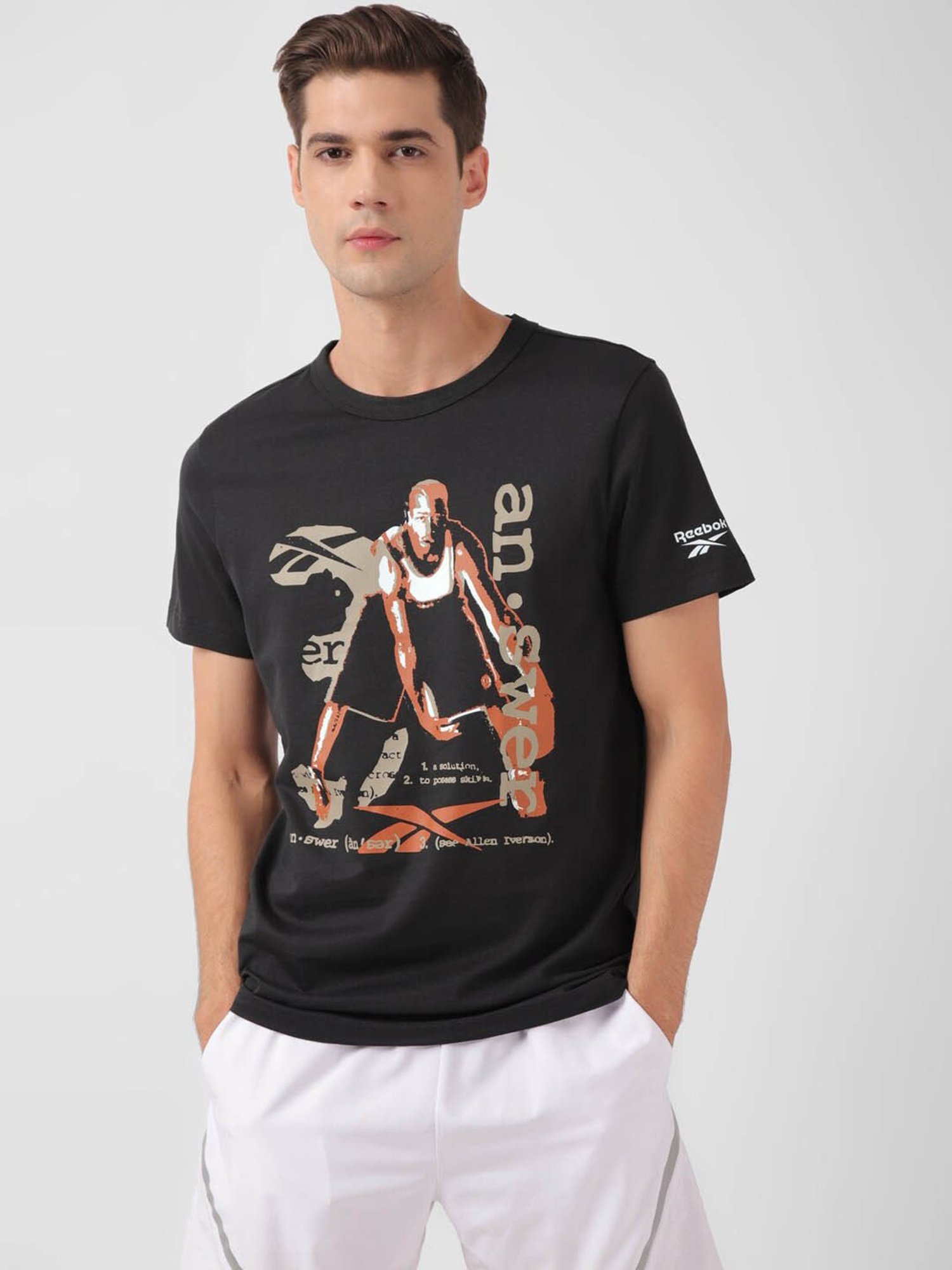 Reebok Black Cotton Regular Fit Printed Sports T-Shirt