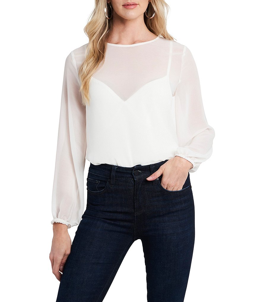 1. STATE Long Sleeve Crew Neck Sheer Mixed Media Bodysuit