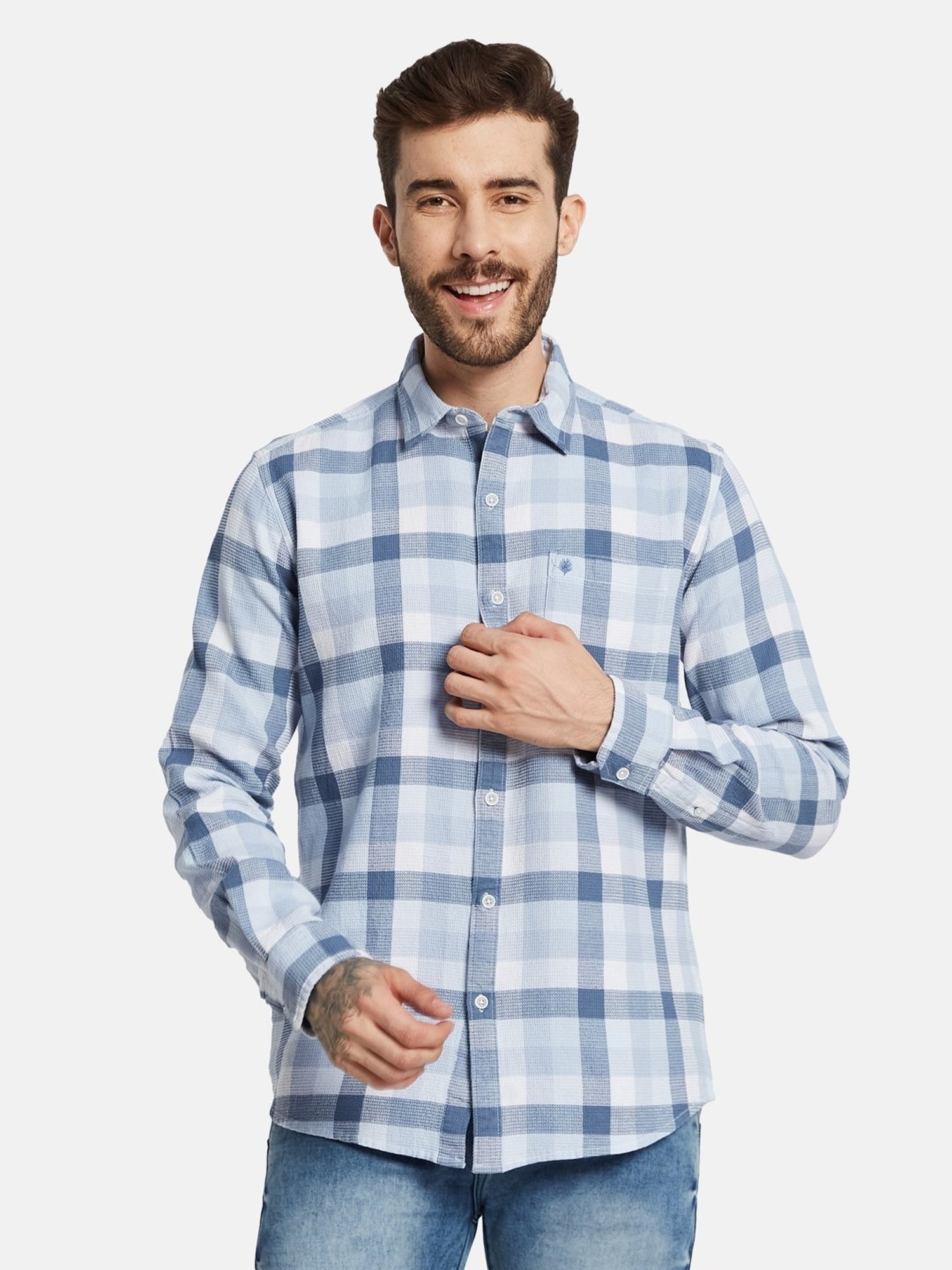 Mettle Blue Cotton Regular Fit Checks Shirt