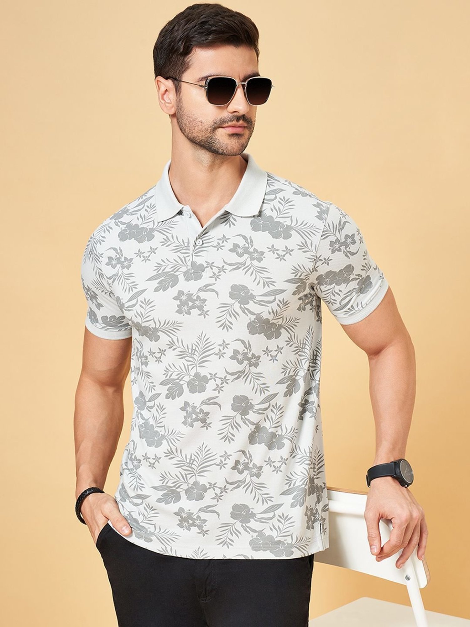 Byford by Pantaloons Light Grey Cotton Slim Fit Printed Polo T-Shirt