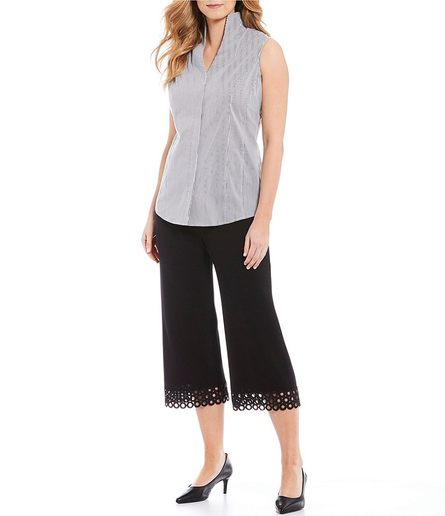 Misook Mandarin Collar Sleeveless Striped Washable Tank