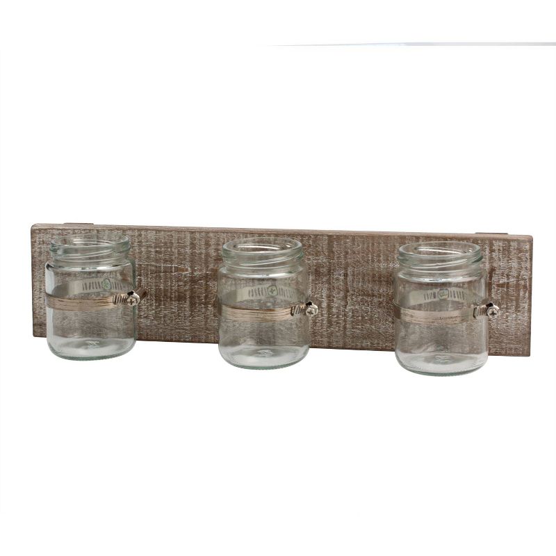 15.7" x 3.7" Rustic Wooden Wall Decor with 3 Glass Jars Worn White/Brown - Stonebriar Collection