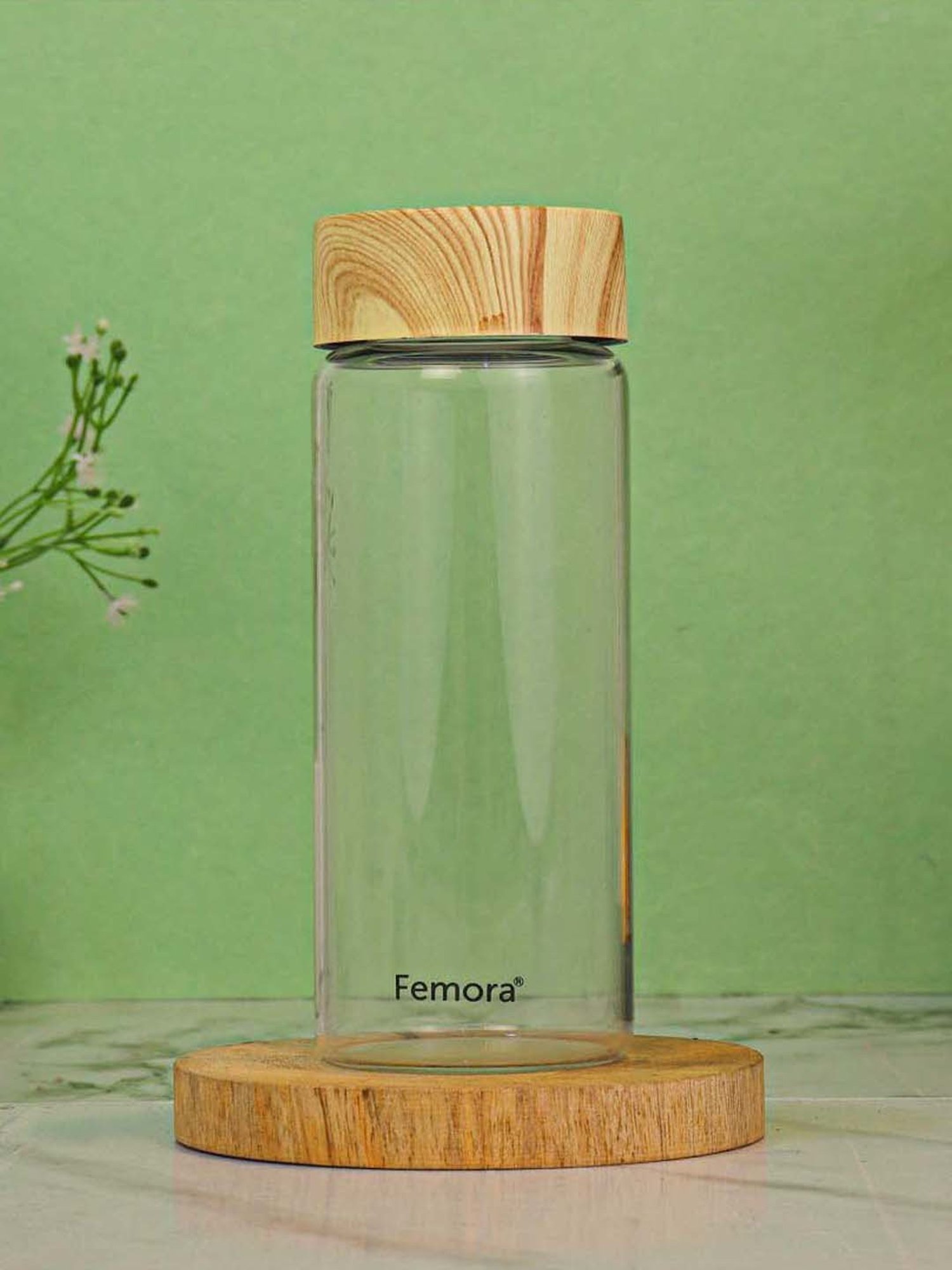 Femora Transprent Borosilicate Glass Water Bottle With Marble Lid (0.5 L) - Set of 2