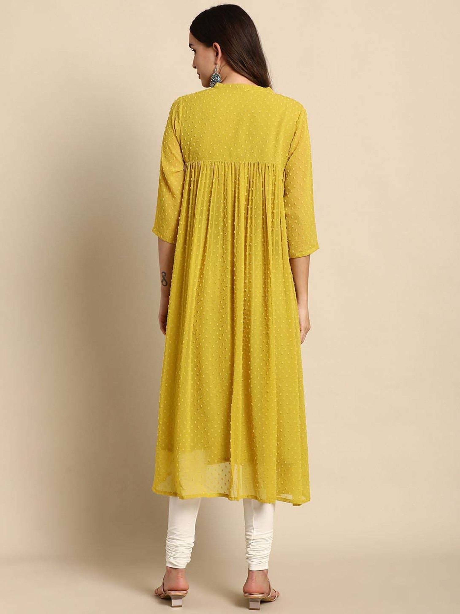 Janasya Mustard Woven Pattern A Line Kurta