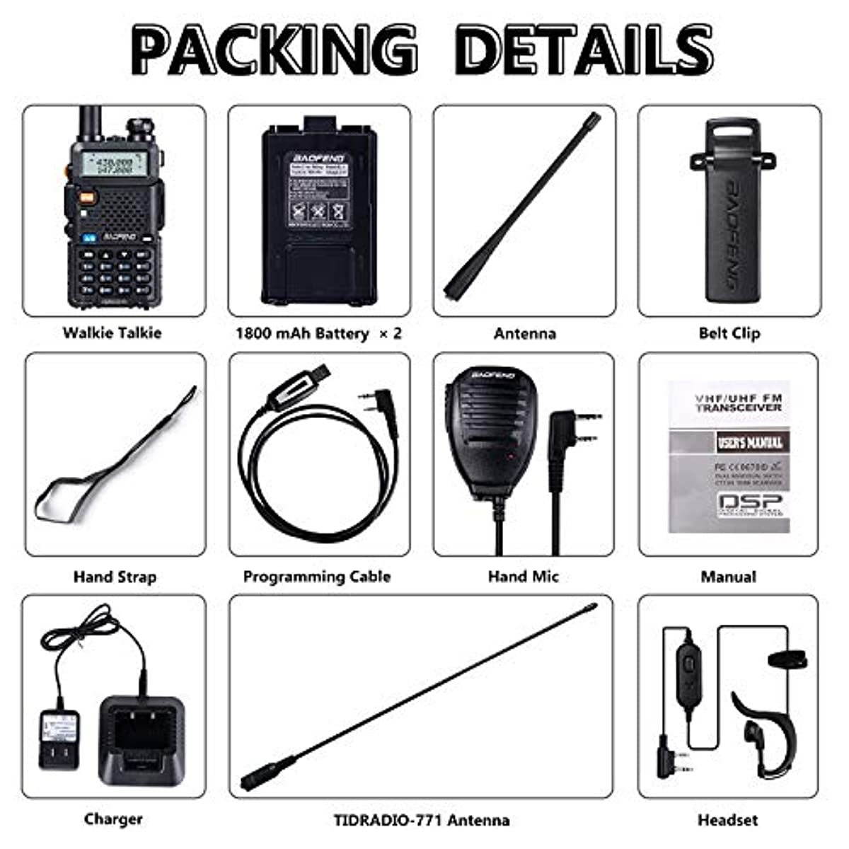 BaoFeng UV-5R Ham Radio BaoFeng Radio with Extra 1800mAh Battery and TIDRADIO 771 Antenna Two Way Radio Includes Full Kit BaoFeng Walkie Talkie