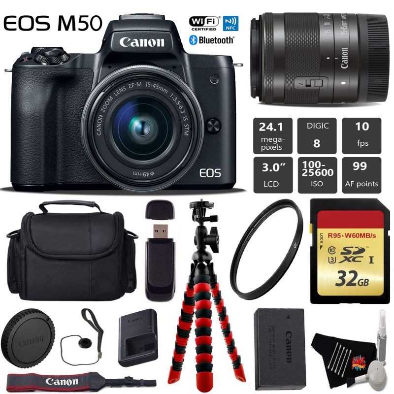 Canon EOS M50 Mirrorless Digital Camera with 15-45mm Lens + Flexible Tripod + UV Protection Filter + Professional Case + Card Reader - International Version