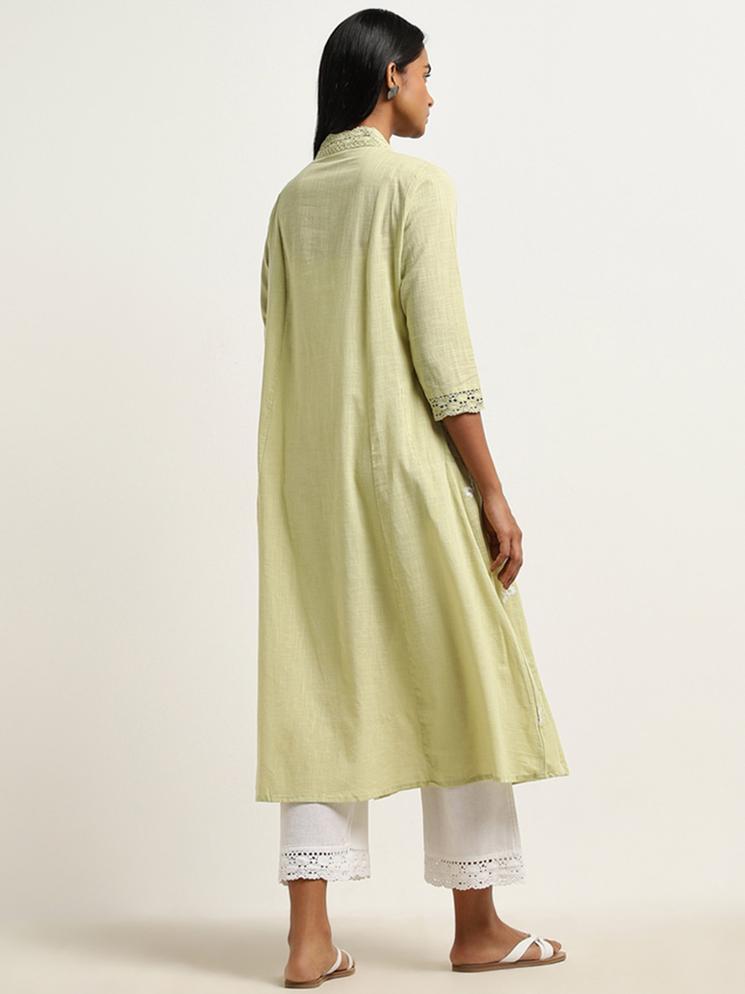 Utsa by Westside Lime Floral Embroidered A-Line Cotton Kurta