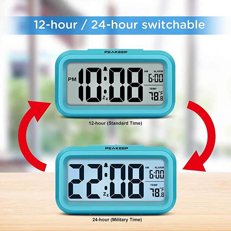 Smart Night Light Digital Alarm Clock with Indoor Temperature, Battery Operated Desk Small Clock (Blue)