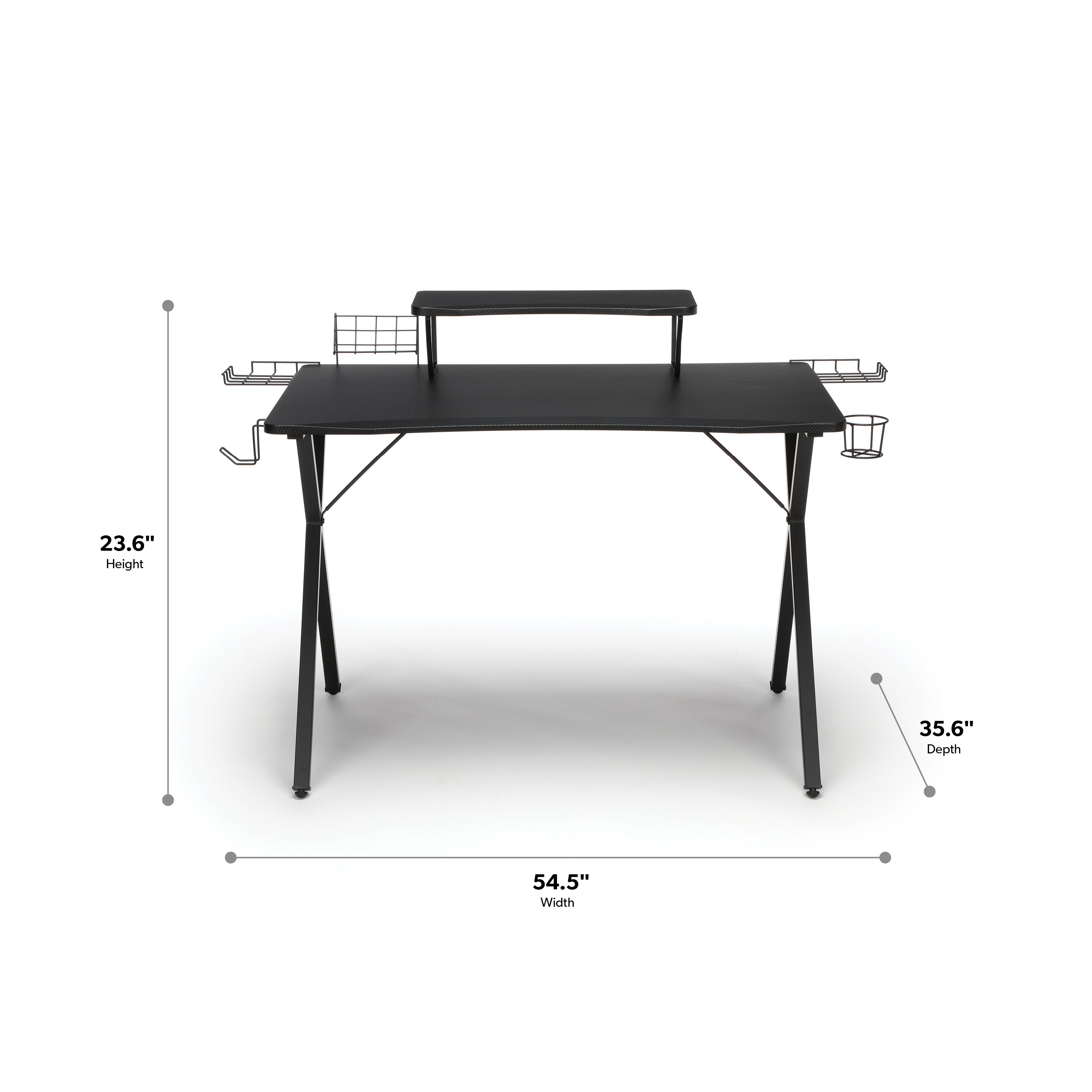 55" Gaming Computer Desk, 35" Monitor Shelf, X-Base, in Black/Black
