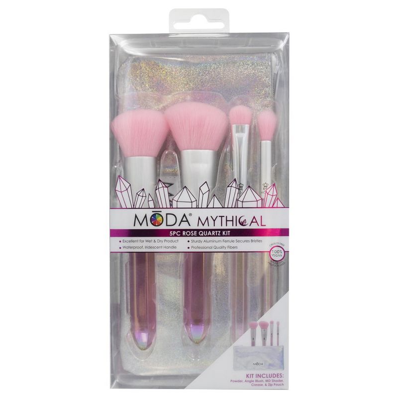 MODA Brush Mythical 5pc Rose Quartz Crystal Makeup Brush Set with Holographic Zip Case, Includes - Powder, Angle Blush, MD Shader, and Crease Brushes