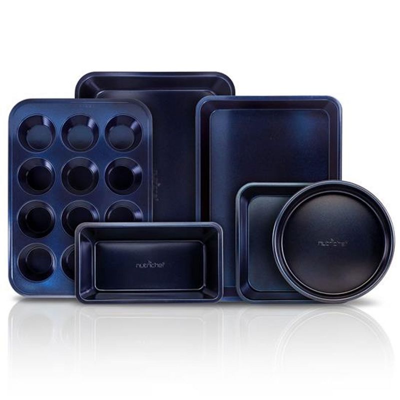 NutriChef 6 Piece Non-Stick Commercial-Grade Restaurant-Quality Kitchen Oven Carbon Steel Baking Pans with Muffin Pan & Cookie Sheet, Blue Diamond