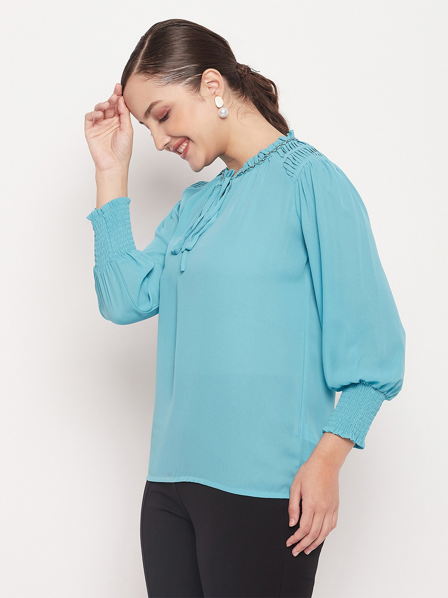 MADAME Turquoise Cotton Embellished Top