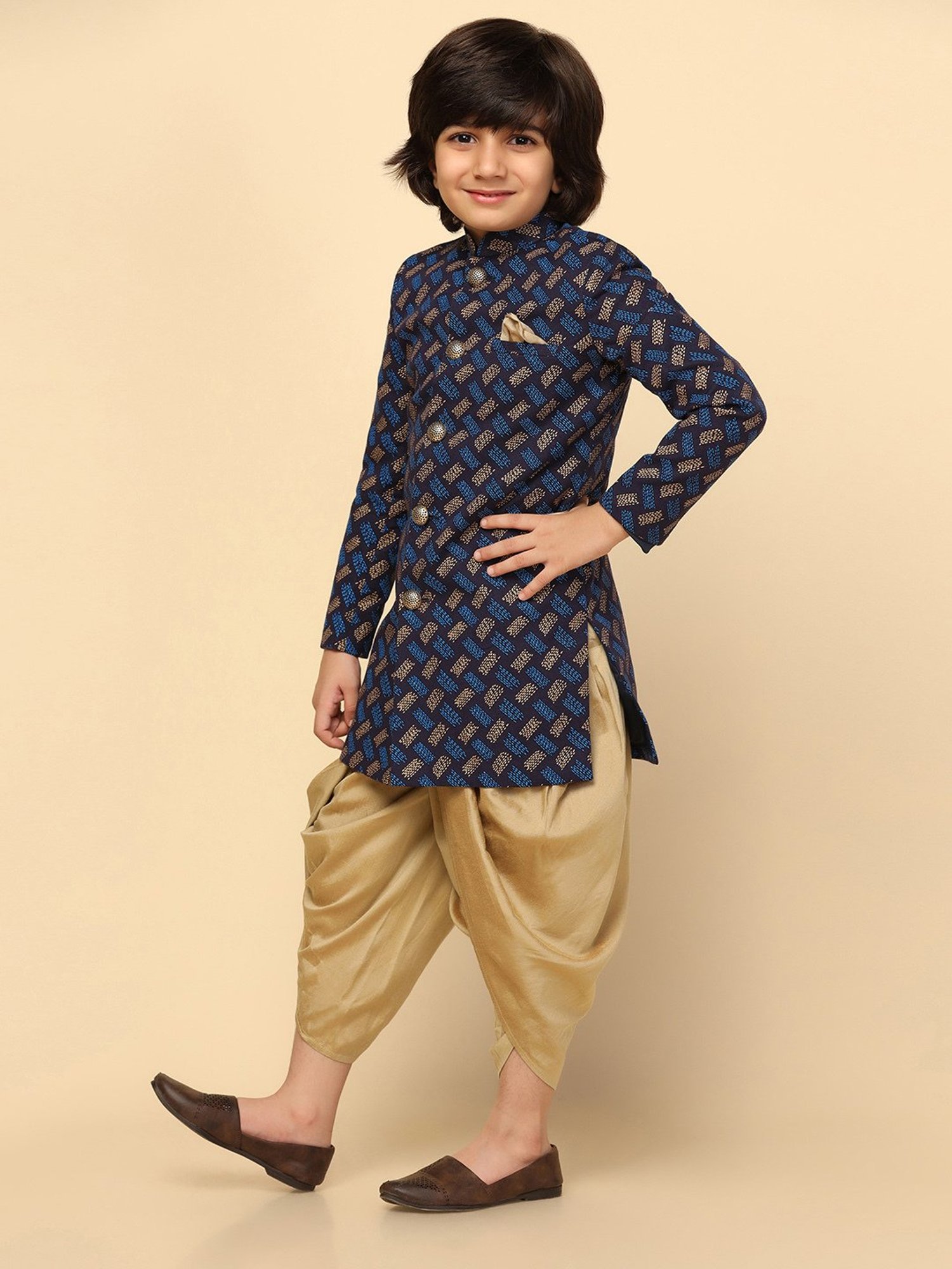 KISAH Boys Blue Printed Full Sleeves Sherwani