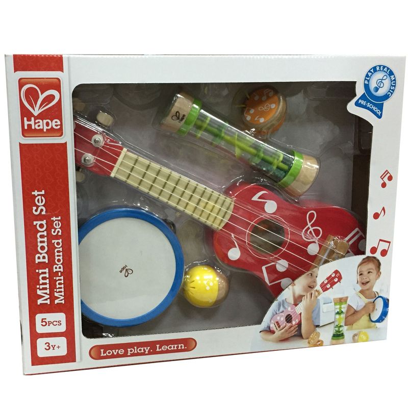 Hape E0339 Kids Toddler Preschool 5 Piece Wooden Musical Instrument Toy Mini Band Set with Ukulele, Tambourine, Clapper, Rattle, and Rain Stick