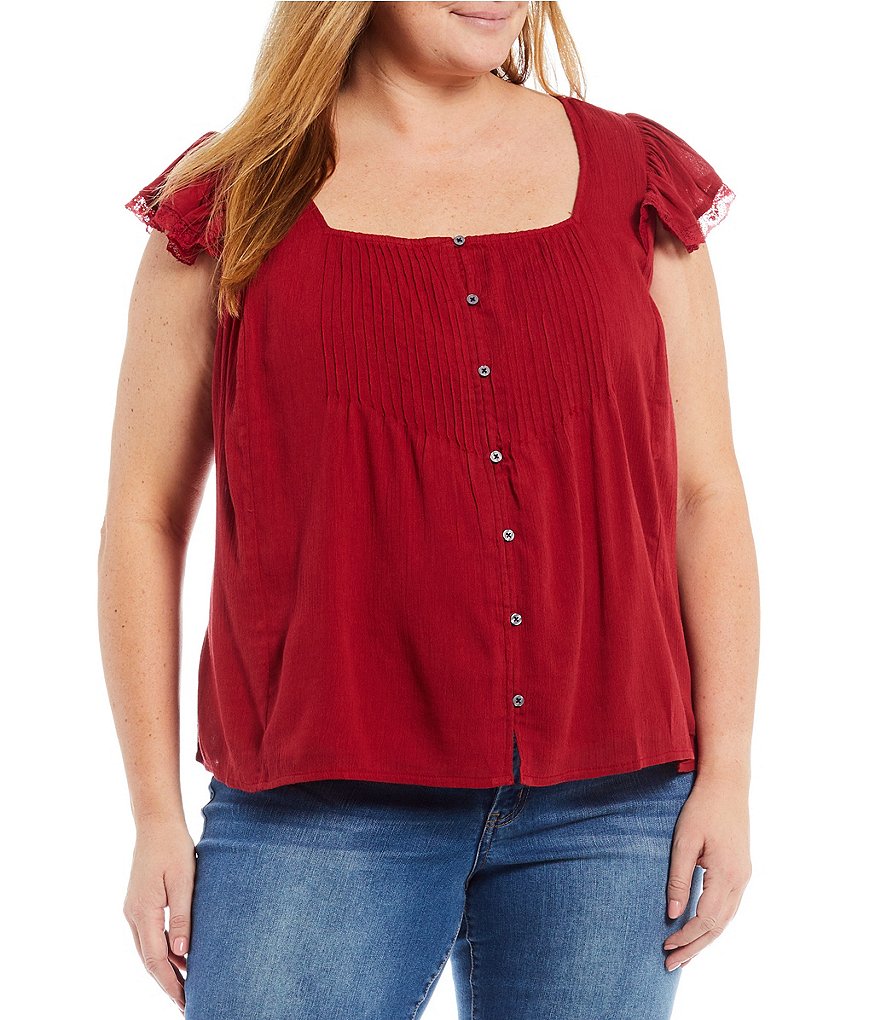 Jessica Simpson Plus Size Allan Square Neck Ruffle Cap Sleeve Pintuck Detail Top