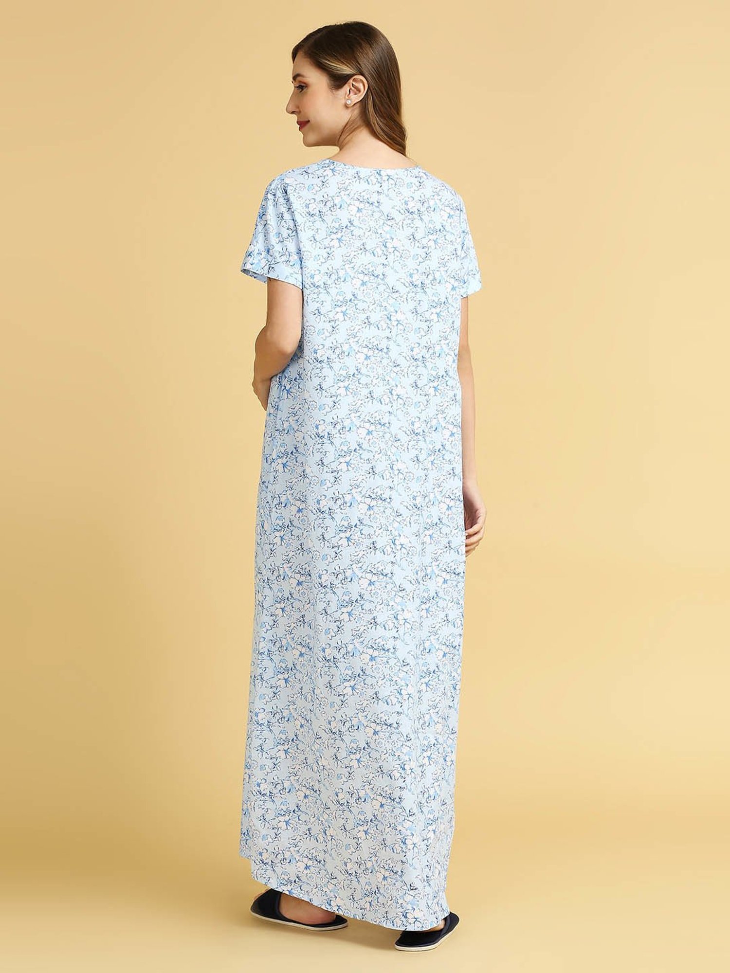 MomToBe Blue Cotton Floral Print Feeding Nighty