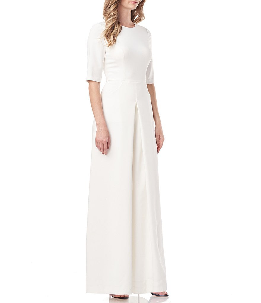 Kay Unger Sabine Stretch Crepe Short Sleeve Wide Leg Jumpsuit