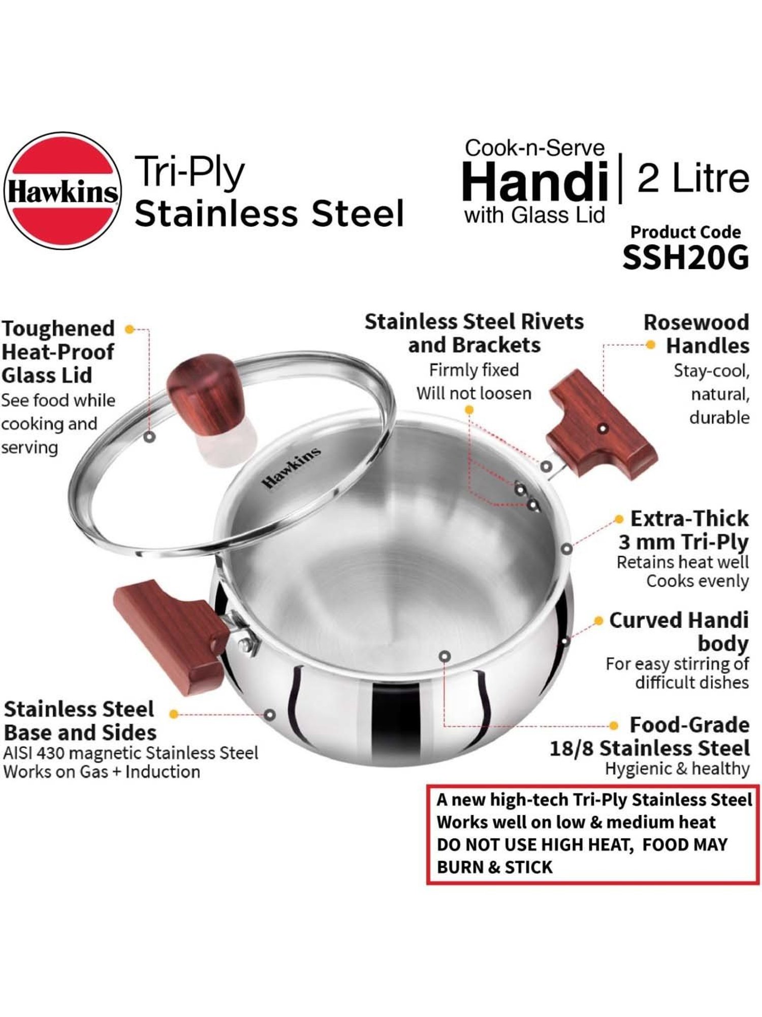 Hawkins Silver & Transparent Stainless Steel 19 cm Gas Compatible Handi With Lid (2 L) - Set of 1