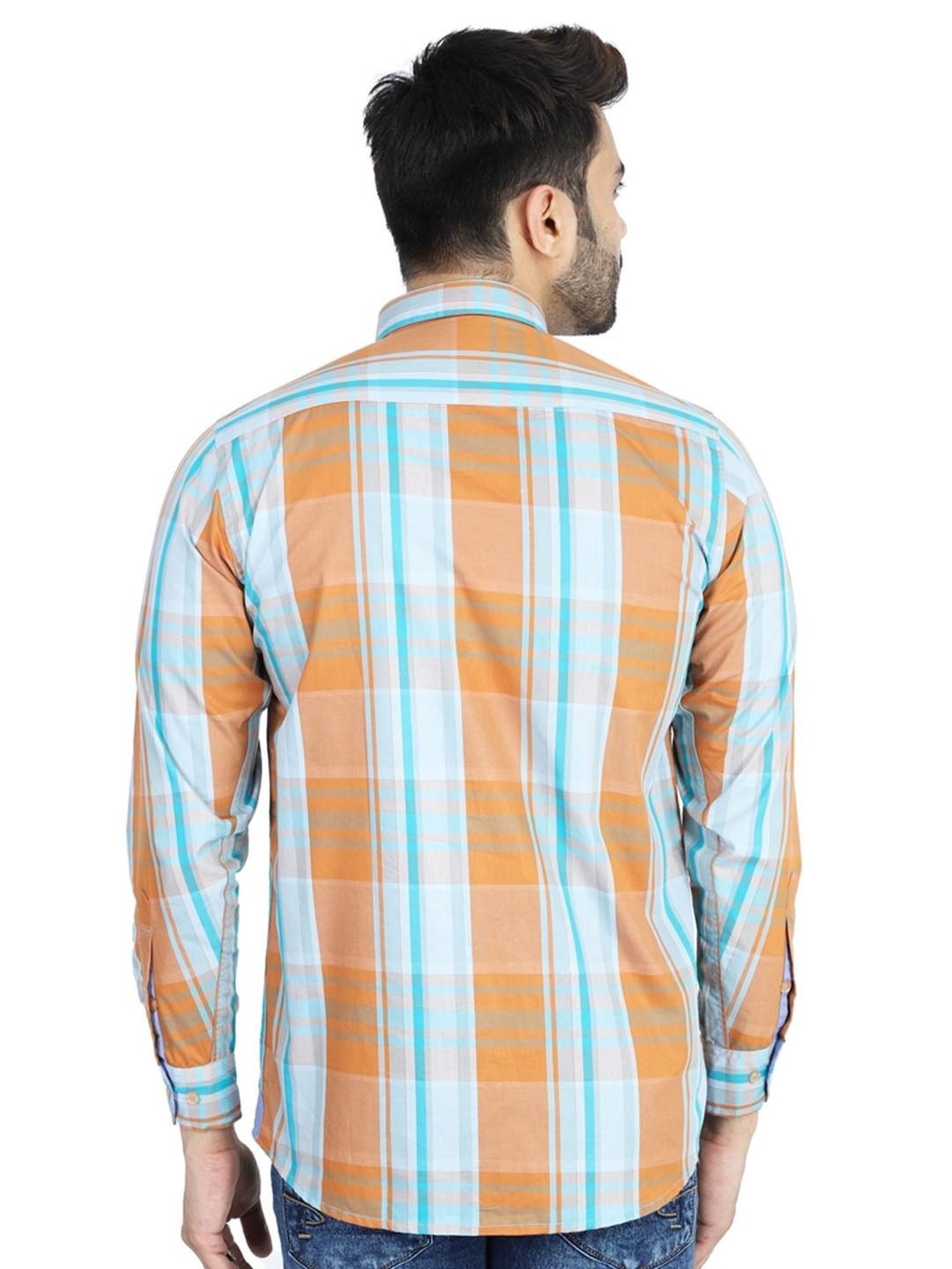 TAHVO Orange Cotton Slim Fit Checks Shirt