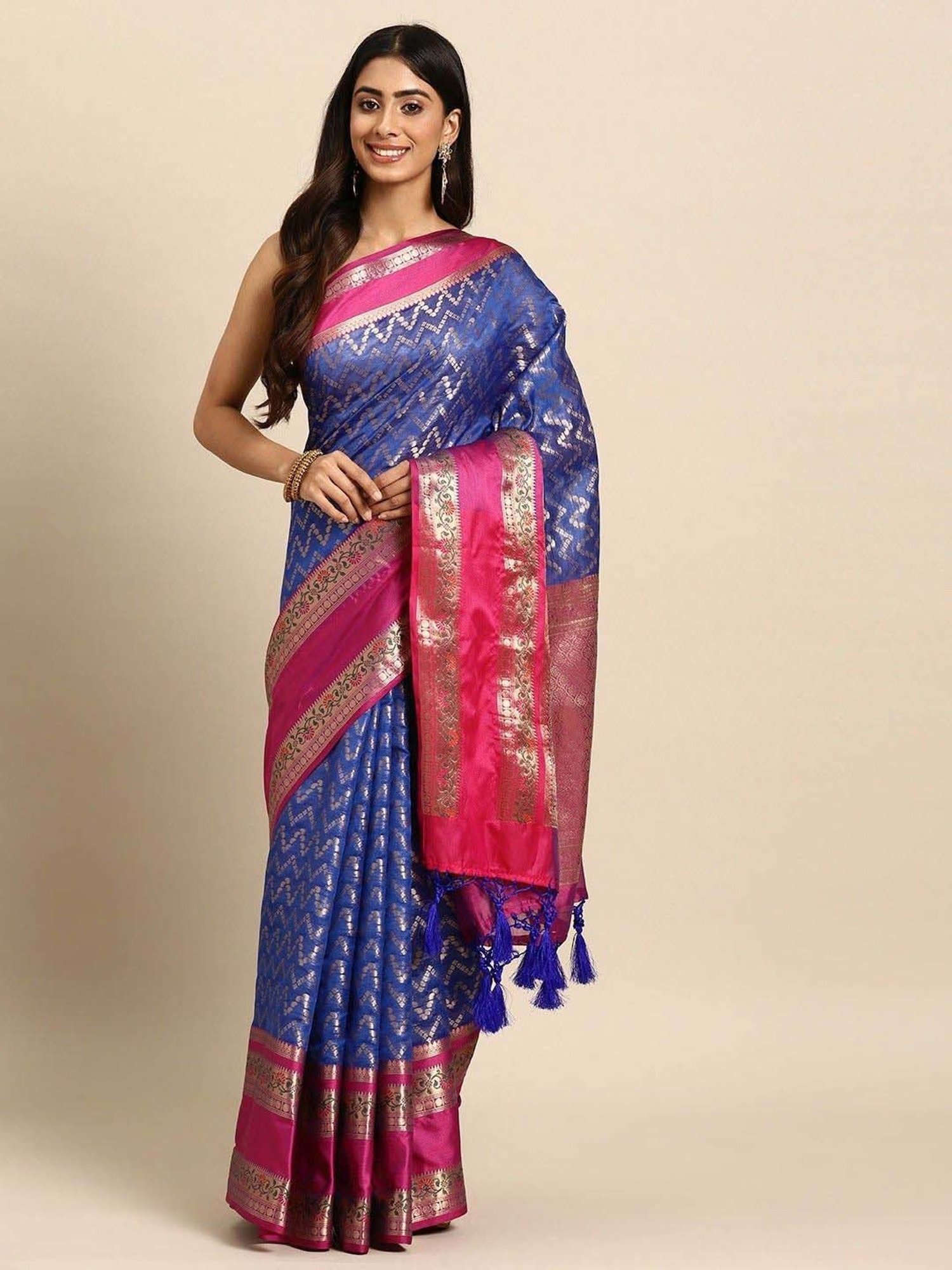Silk Land Navy & Pink Woven Saree With Unstitched Blouse