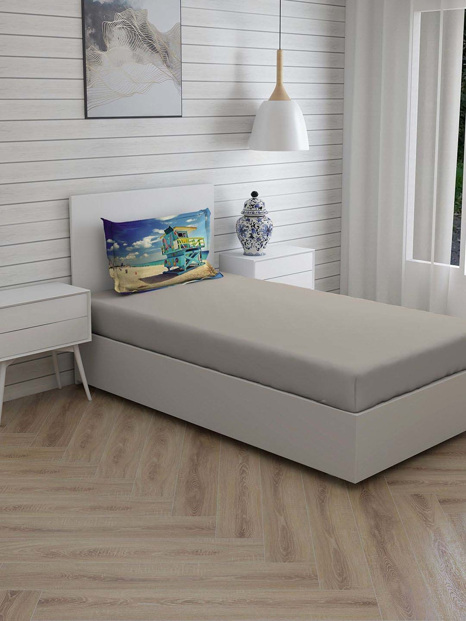 Boutique Living Globe Trotter Grey Cotton 200 TC Single Size Bed Sheet with Pillow Cover