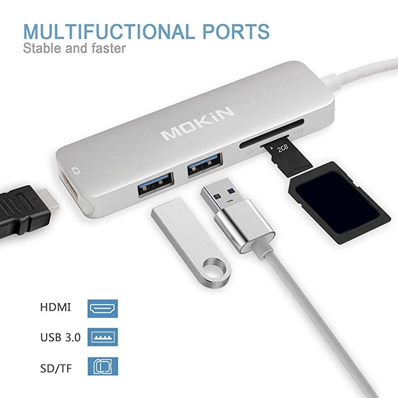 USB C Hub HDMI Adapter for MacBook Pro 201920182017  5 in 1 Dongle USBC to HDMI SdTF Card Reader and 2 Ports USB 30 Silver