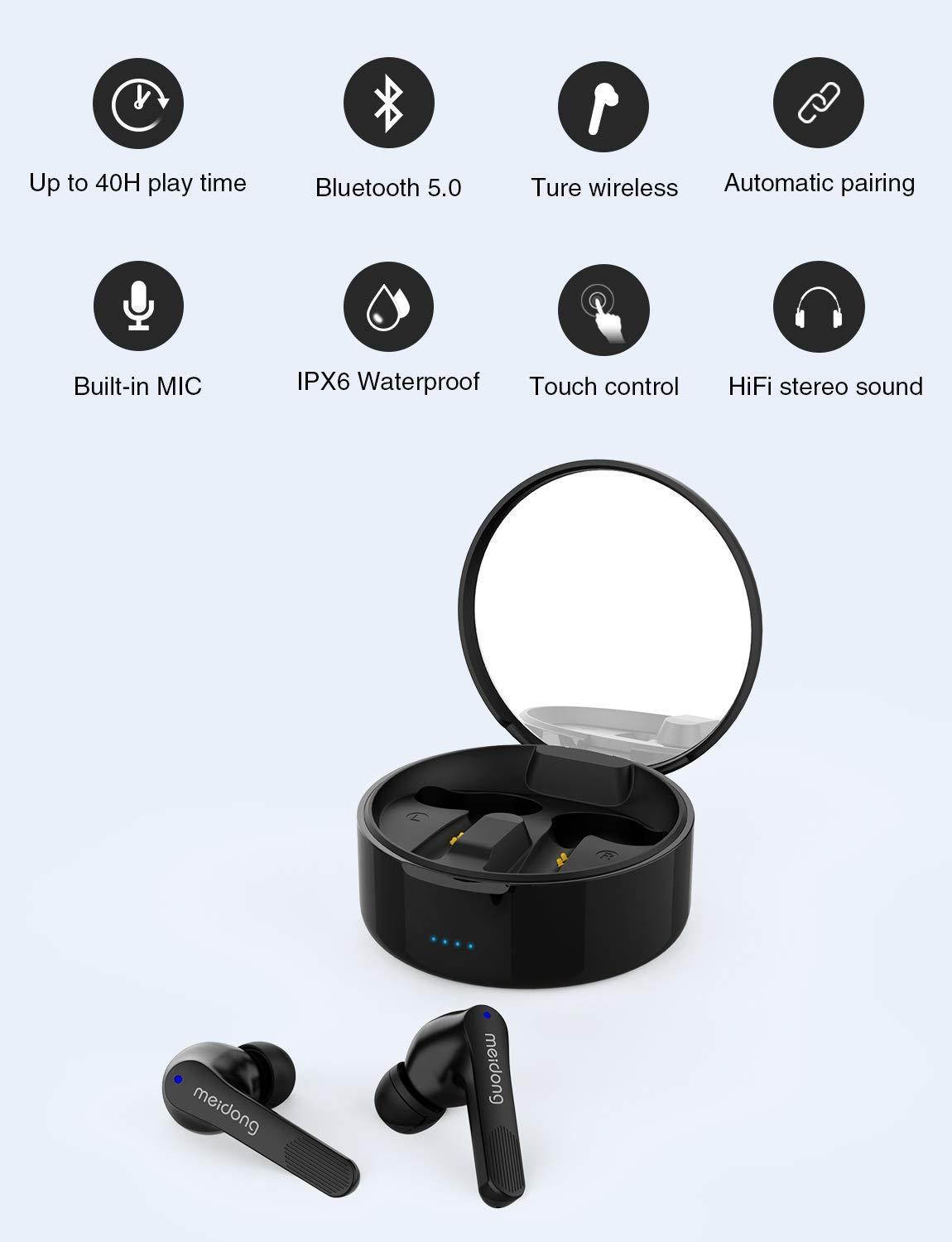 Wireless Earbuds,Meidong KY06A Bluetooth 5.0 Headphones in Ear Buds Wireless Earphones HiFi Stereo IPX6 Waterproof 40H Playtime for Workout Running Sports Gymwith Wireless Charging Case