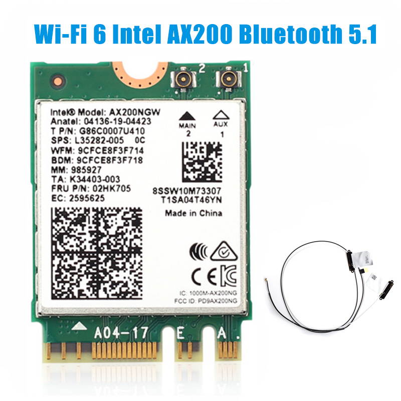 3000Mbps WiFi 6 Intel AX200 Bluetooth 5.1 M.2 Key E Card IPEX4 Antennas, Wireless AX200NGW Dual Band 2.4Ghz/5Ghz 802.11ac/ax WiFi Network Adapter, Support Windows 10 Linux For Laptop Desktop PC
