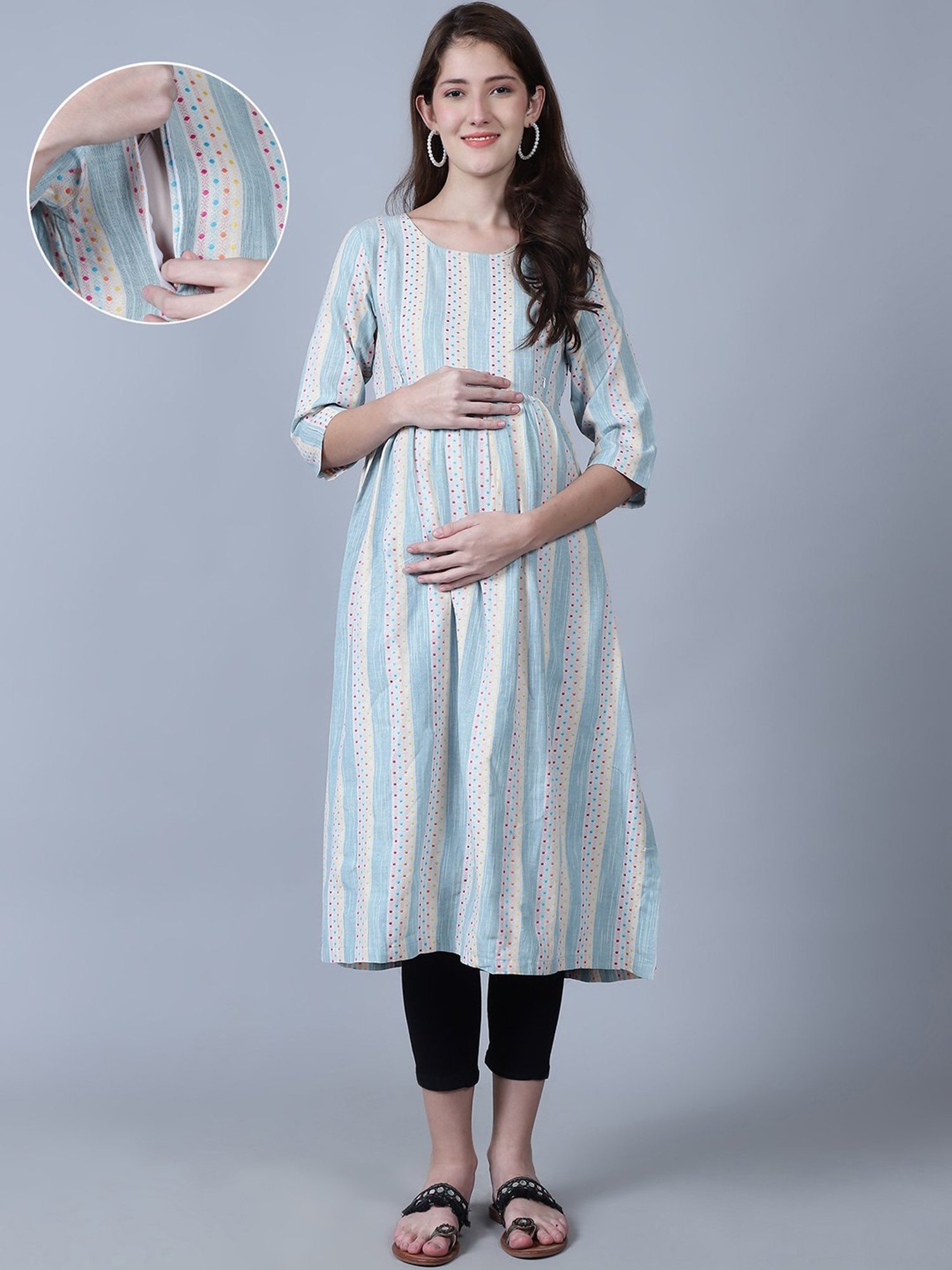 Moms Maternity Sea Green Striped Maternity Kurta
