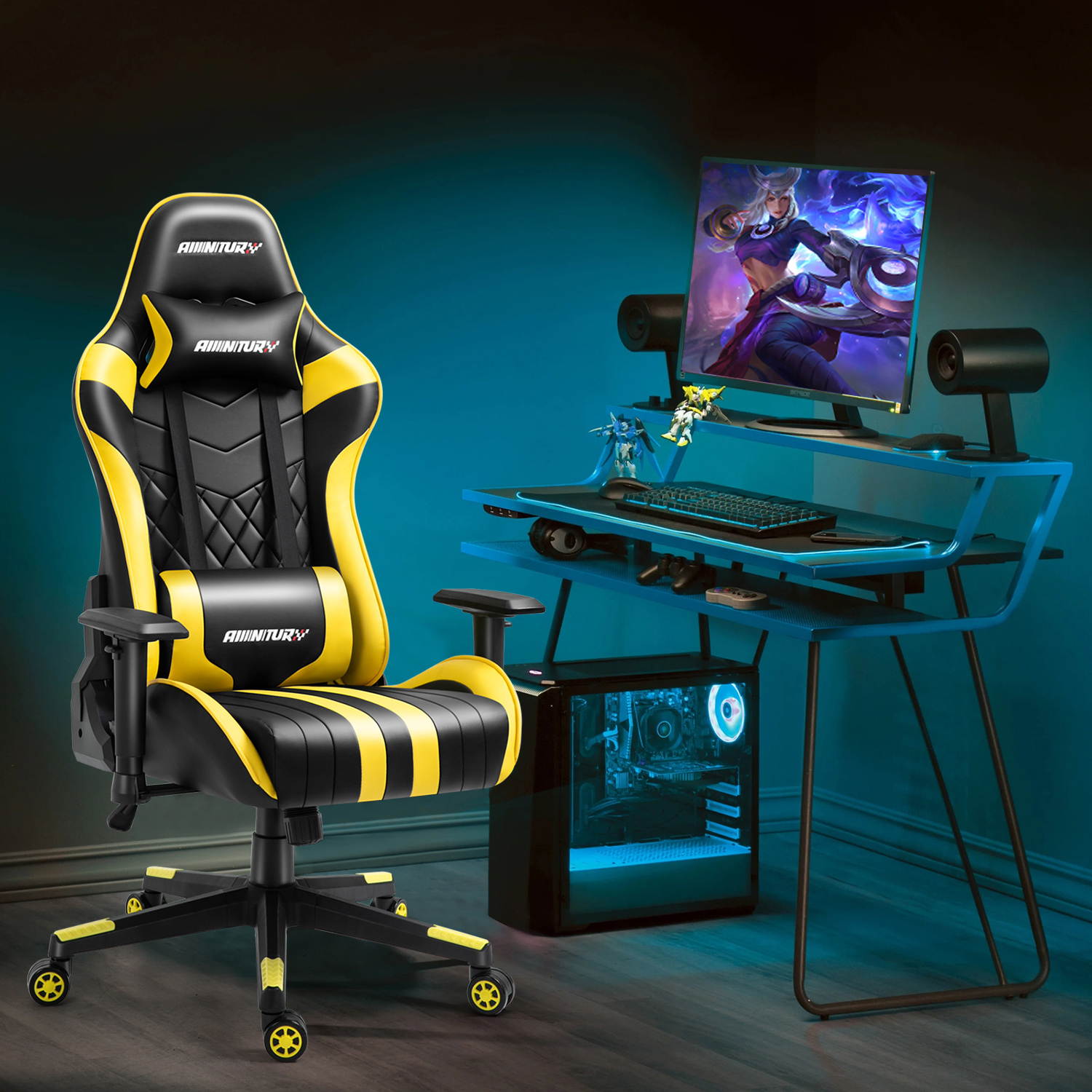 AMINITURE Gaming Chair Racing Style Ergonomic Computer Games Chairs Adjustable Armrest High Back PC Office Desk Chair Swivel Task Chair