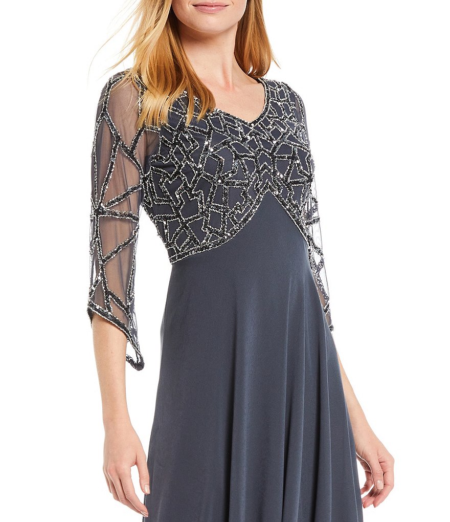 Jkara Petite Size V-Neck 3/4 Sleeve Beaded Bodice Gown