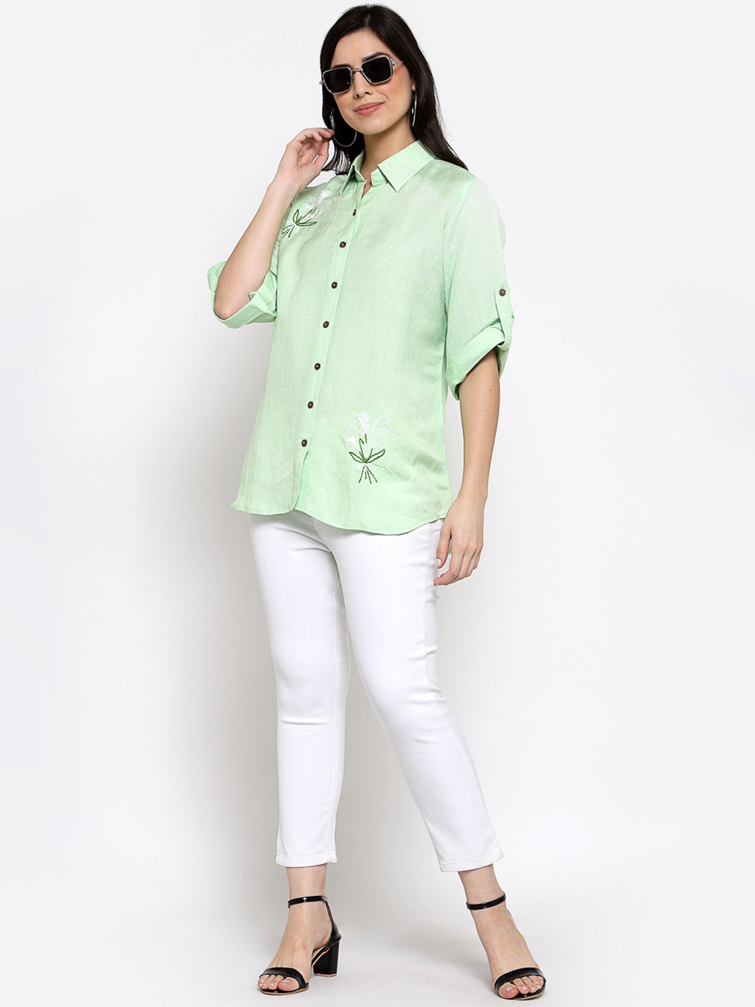 DART STUDIO Green Linen Embroidered Shirt