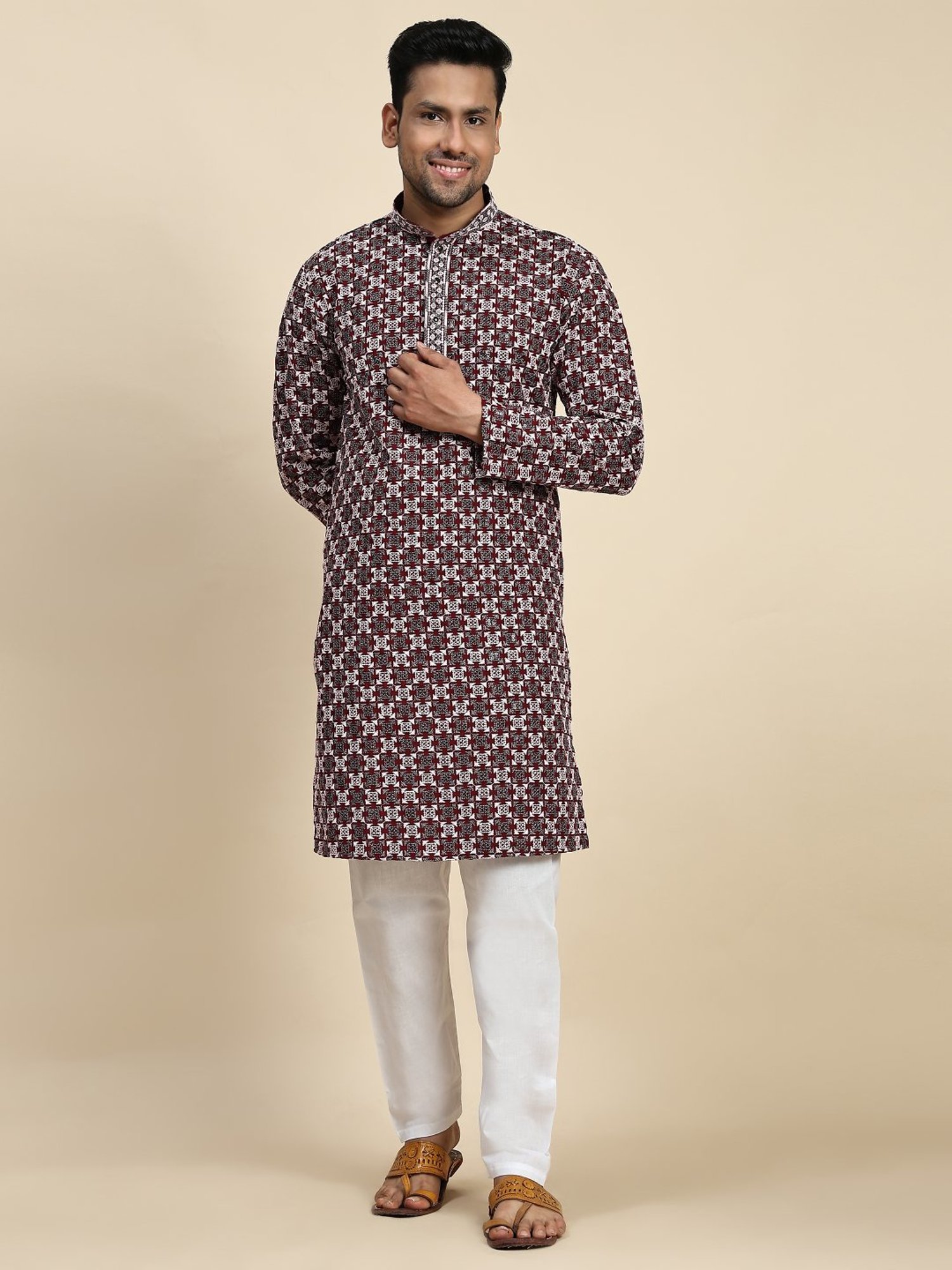 Pro-Ethic Style Developer Maroon & White Cotton Regular Fit Embellished Kurta Bottom Set