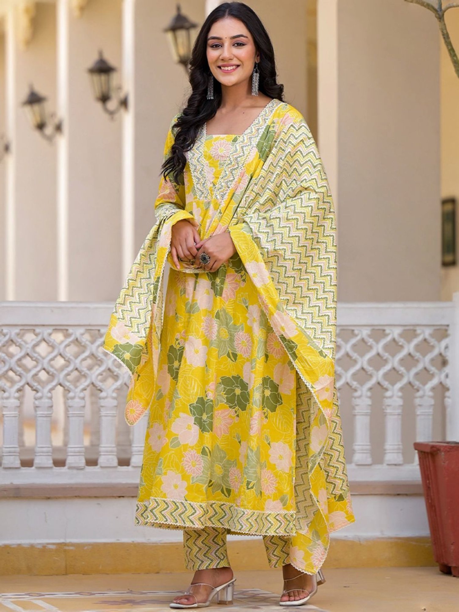Ishin Yellow & Green Floral Print Kurta & Pants Set with Dupatta