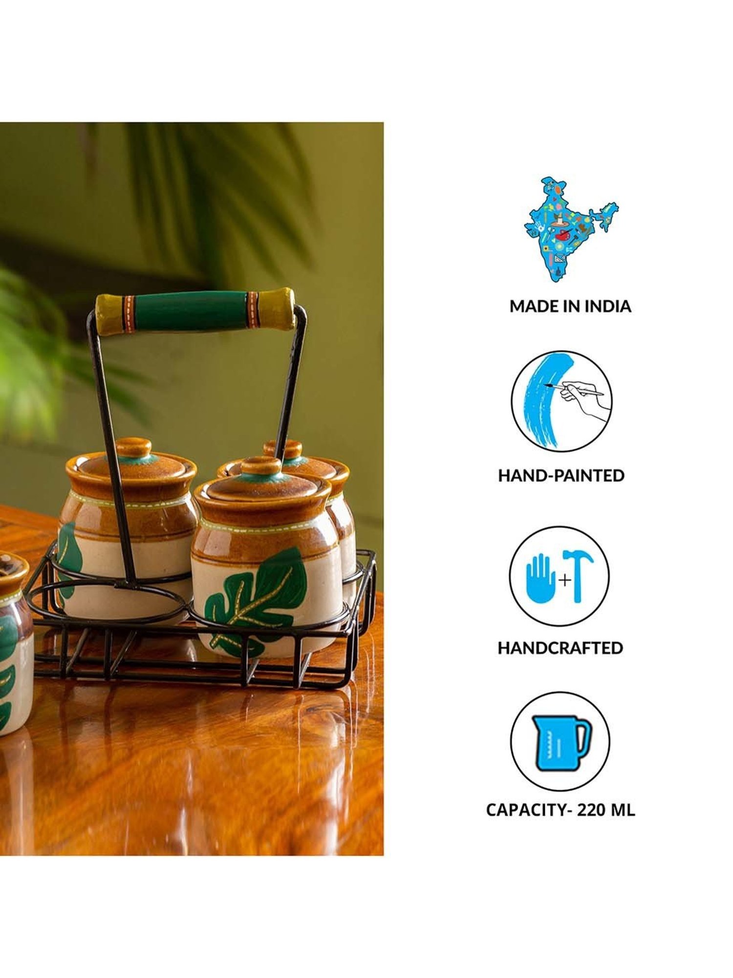 ExclusiveLane Shades of a Leaf Brown & Green Ceramic Multi-Purpose Jars - Set of 4 (0.22 L)