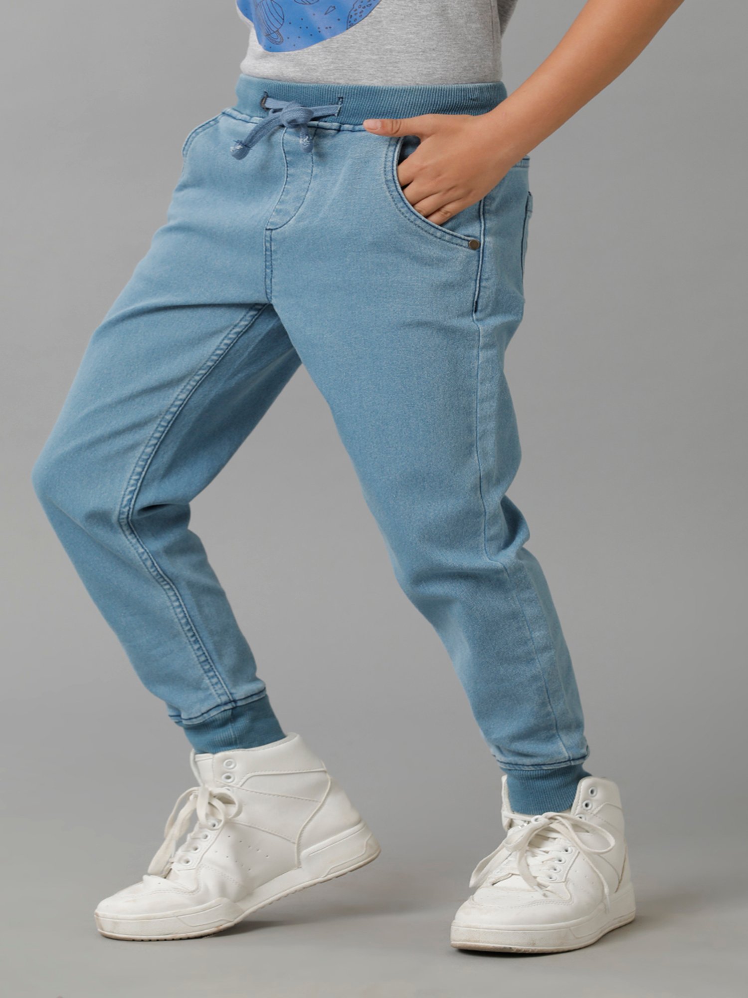 Under Fourteen Only Boys Blue Solid Denim Joggers