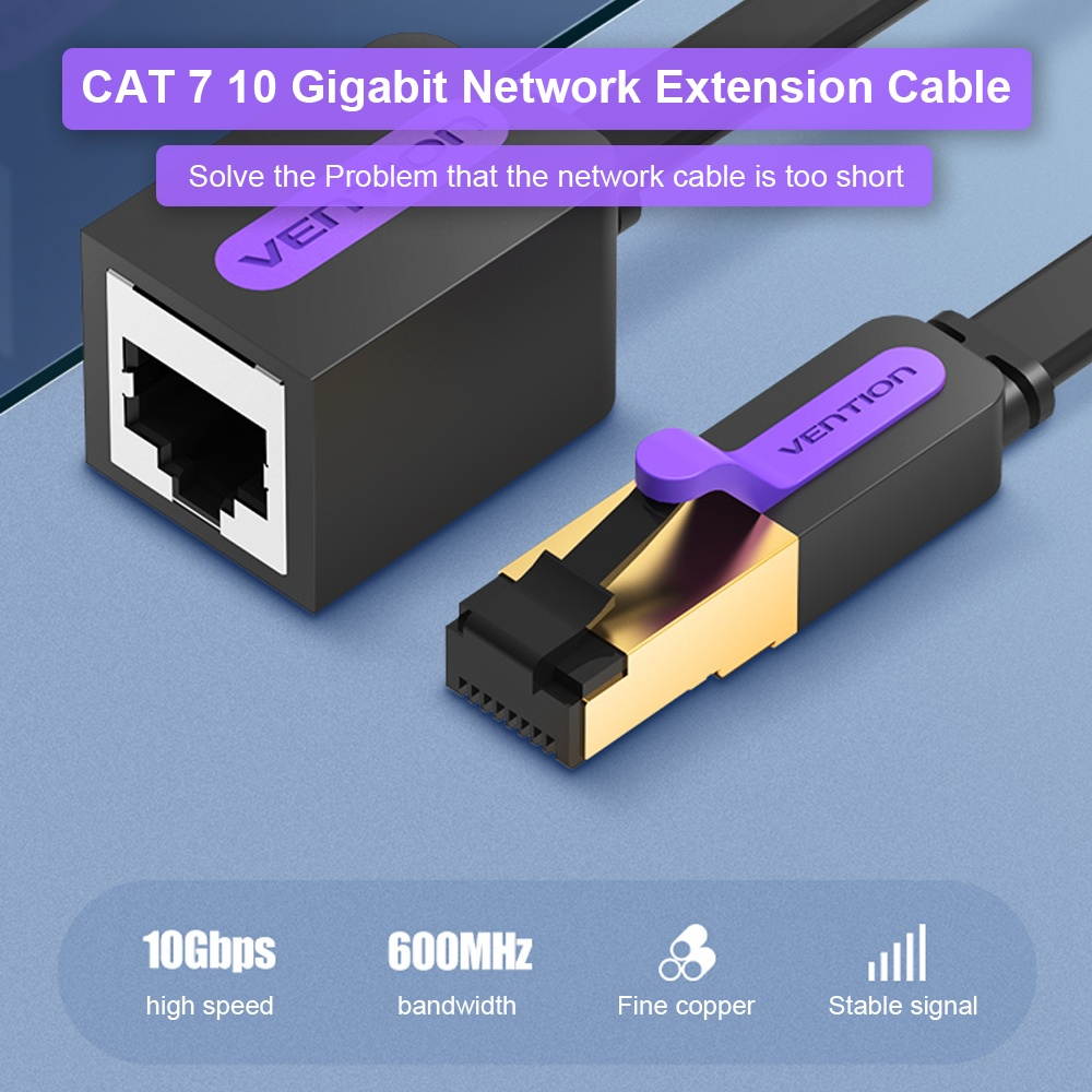 VENTION CAT 7 Network Extension Cable 10 Gigabit Fast Speed Flat Network Cable RJ45 LAN Cable for Home Business 5m Black
