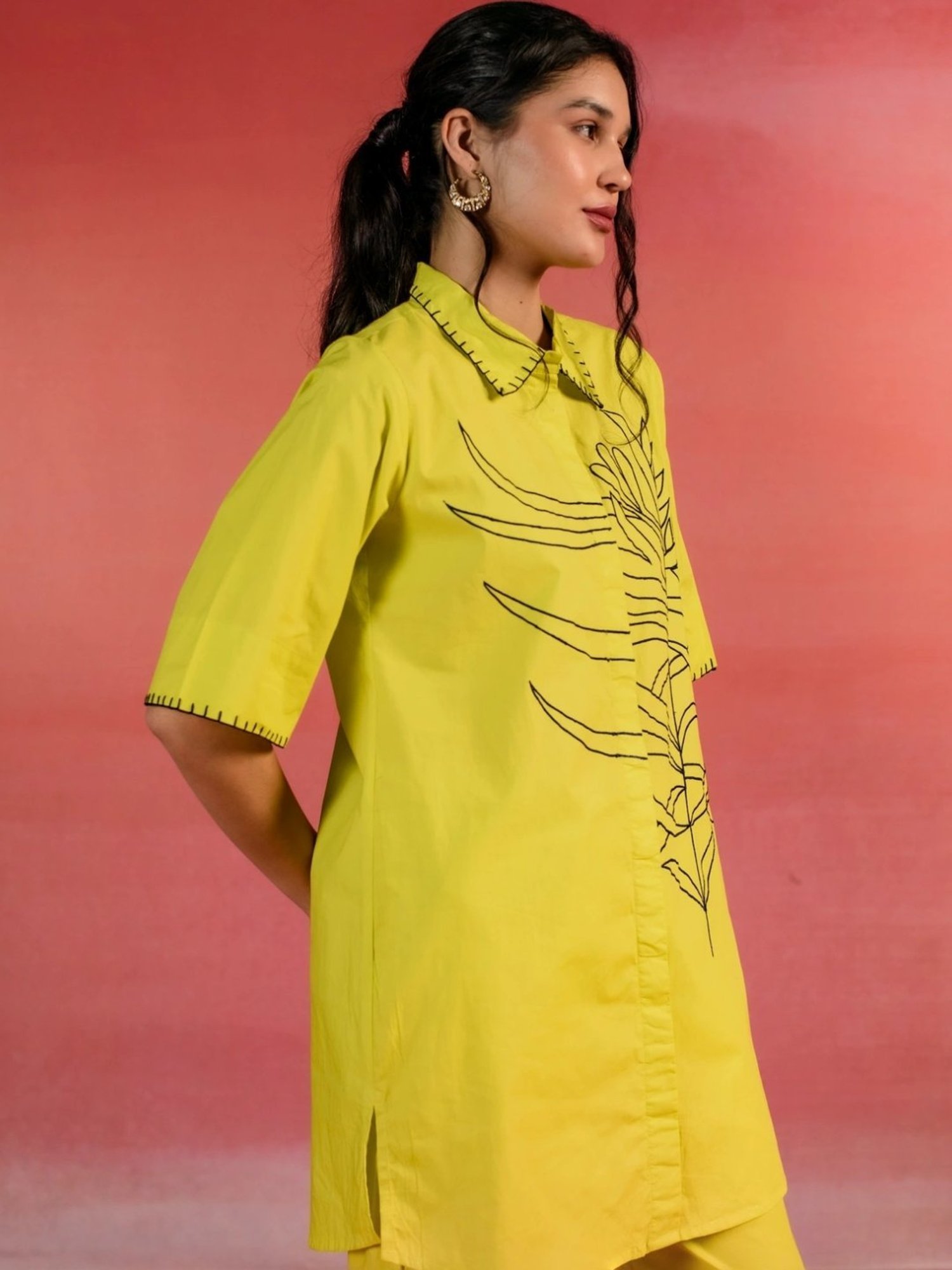 Kameez by Pooja Lemon Yellow Embroidered Poplin Shirt with Pant Co-ord Set