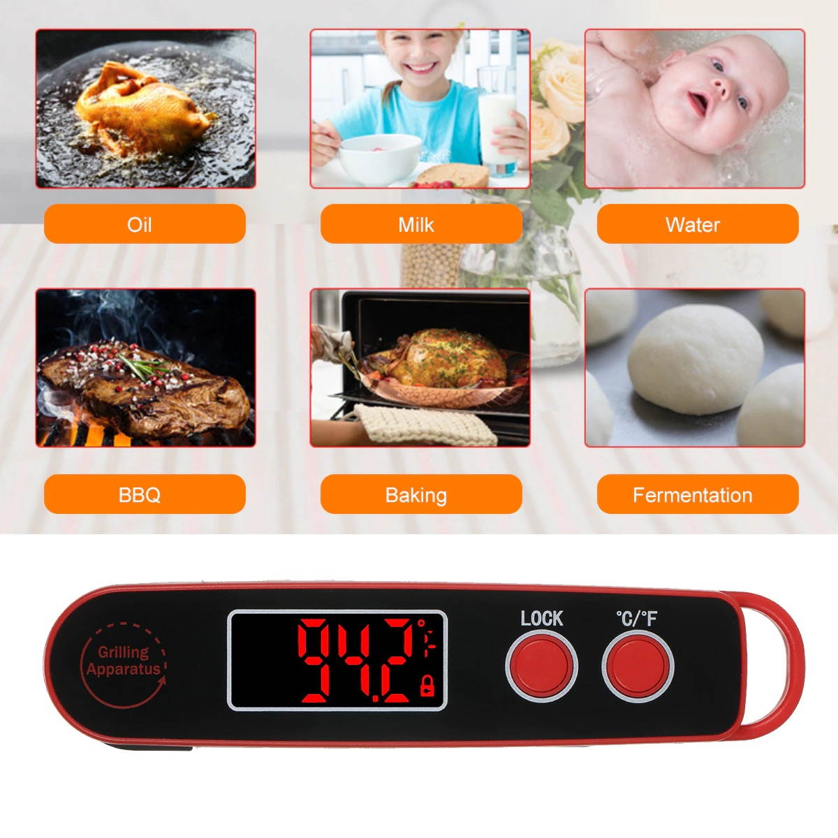 Digital Food Temperature Meter 1.9-inchInstant Read Meat Soup Beverage Food Thermometer Folding Probe Cooking Thermometer
