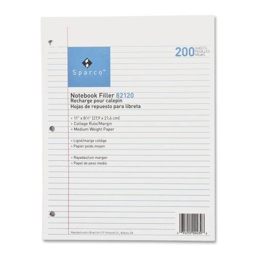 Sparco Filler Paper 3-HP College Ruled 11"x8-1/2" 200/PK White 82120