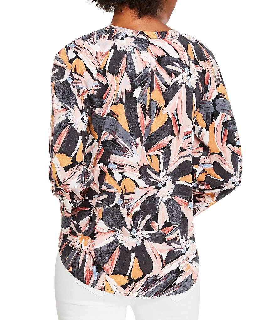 NIC + ZOE Artistic Floral Print Long Sleeve Split V-Neck Side Slit Zenergized Live In Top