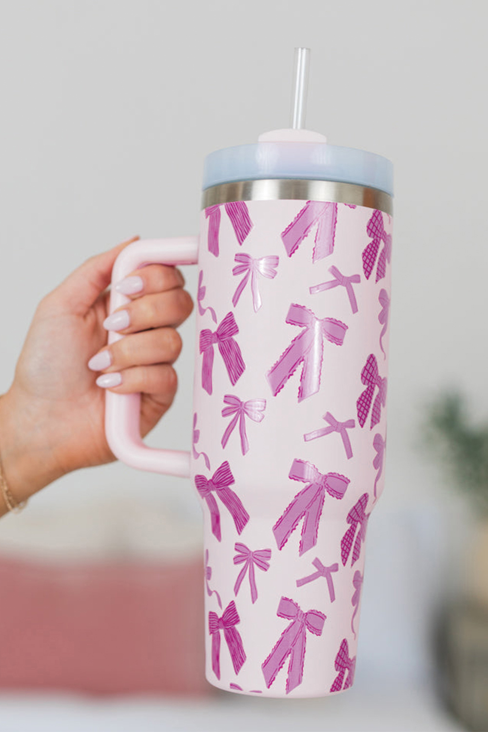 Pink Checkered Print Handled Stainless Steel Tumbler Cup