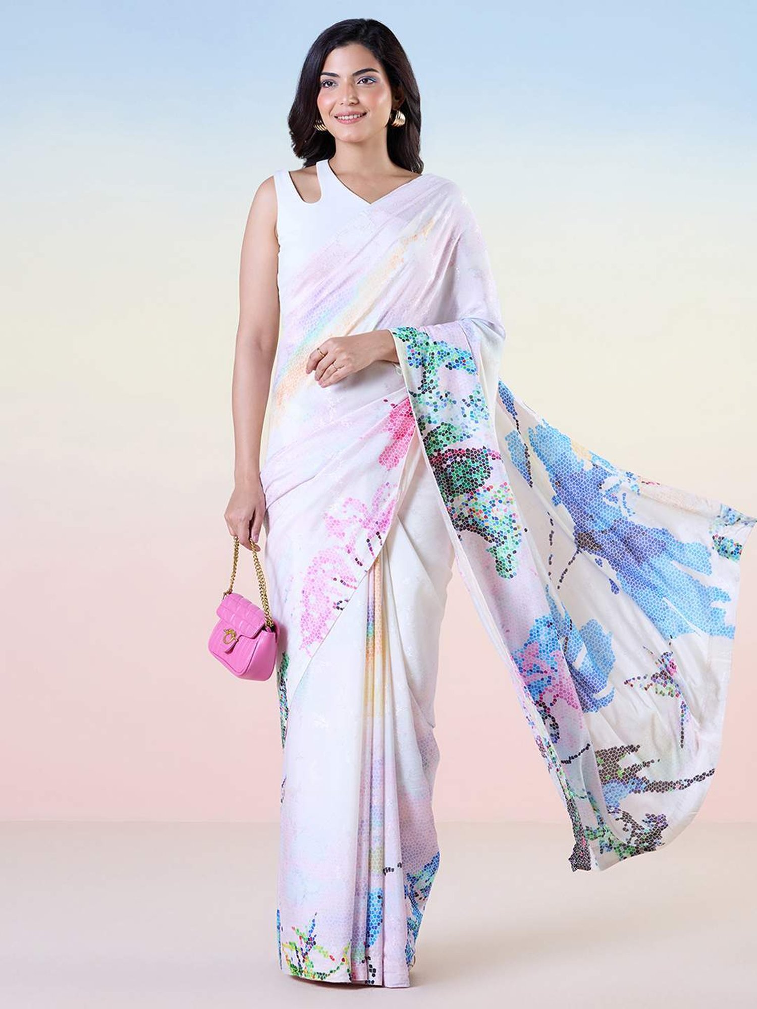 navyasa by liva Blue Printed Saree With Unstitched Blouse