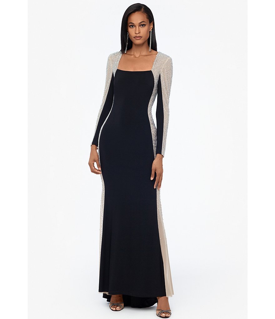 Xscape Caviar Beaded Mesh Panel Long Sleeve Contrast Matte Jersey Square Neck Mermaid Gown