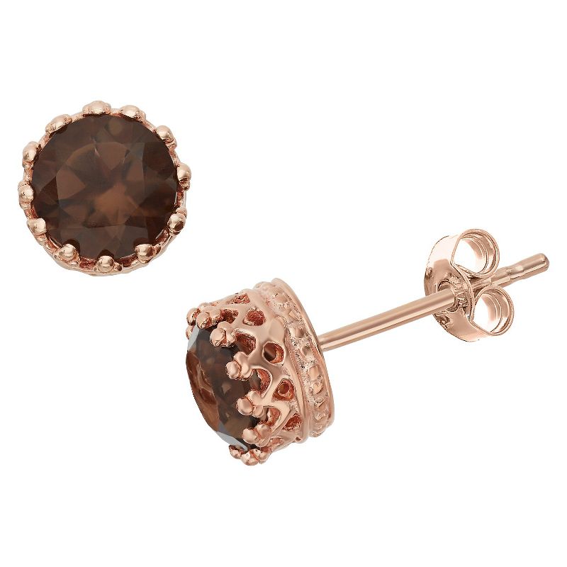 6mm Round-cut Smoky Quartz Crown Earrings in Rose Gold Over Silver