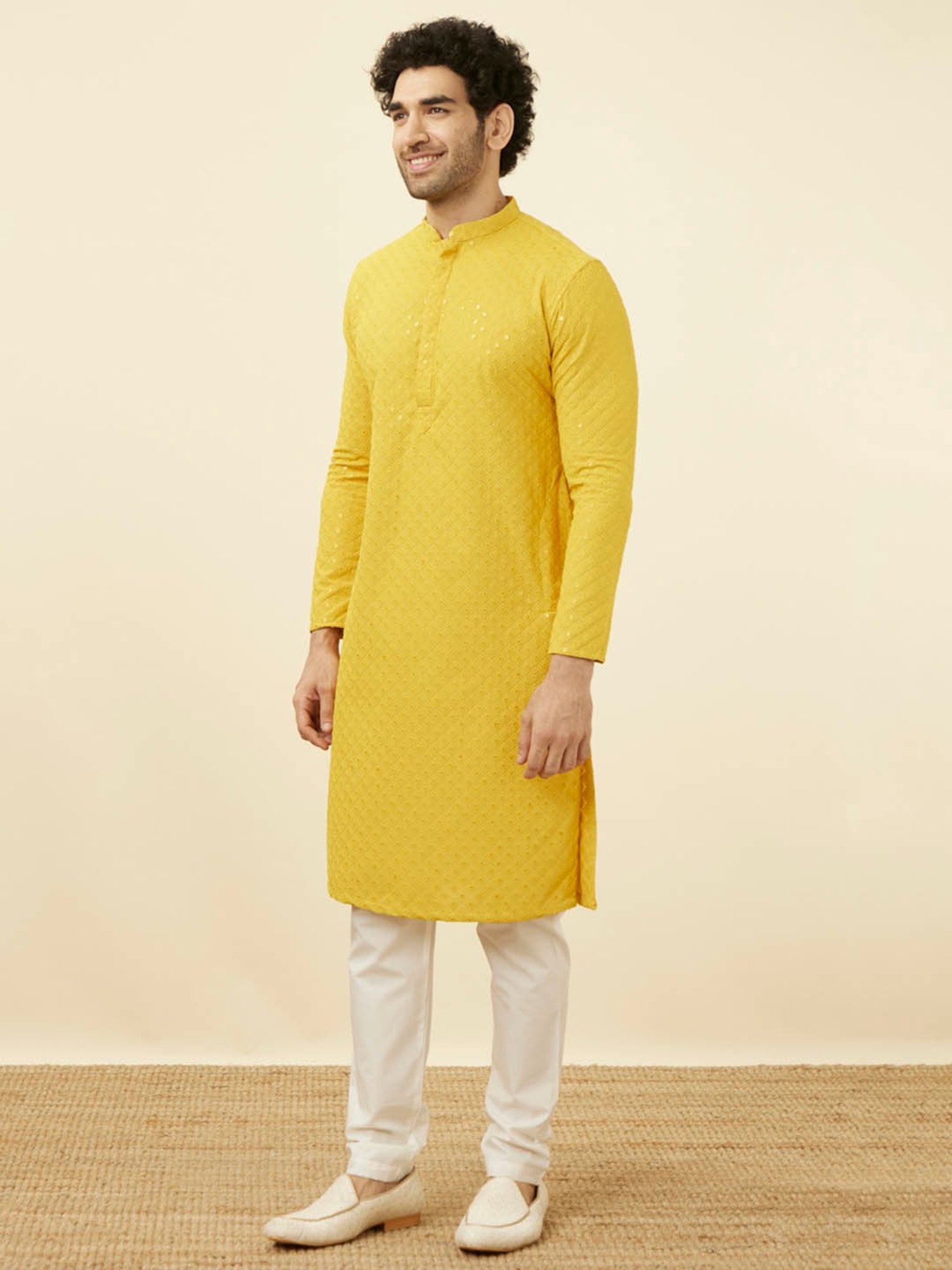 Manyavar Mustard & Cream Regular Fit Embroidered Kurta & Pyjamas Set